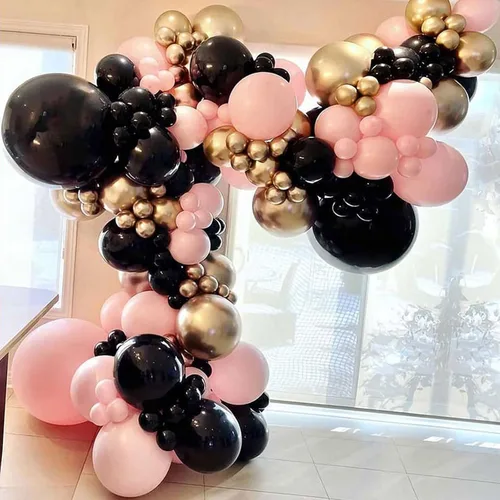 Miniatura 3 de Kit de arco de globos de color negro, rosa y dorado, 134 piezas de 18/12/10/5 pulgadas, guirnalda de globos dorados de chorme negro pastel rosa