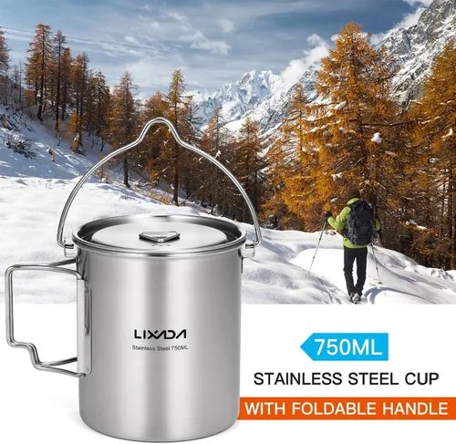 Miniatura 2 de LIXADA Taza para acampar, taza de agua de acero inoxidable de 25.4 fl oz con asas plegables y tapa para acampar al aire libre, senderismo, mochilero