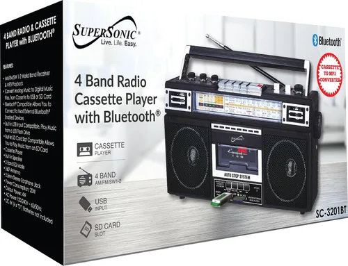 Miniatura 4 de Supersonic SC-3201BT - Boombox de radio de 4 bandas y reproductor de cassette, altavoz Bluetooth, radio AM/FM/SW con reproducción de MP3, tarjeta