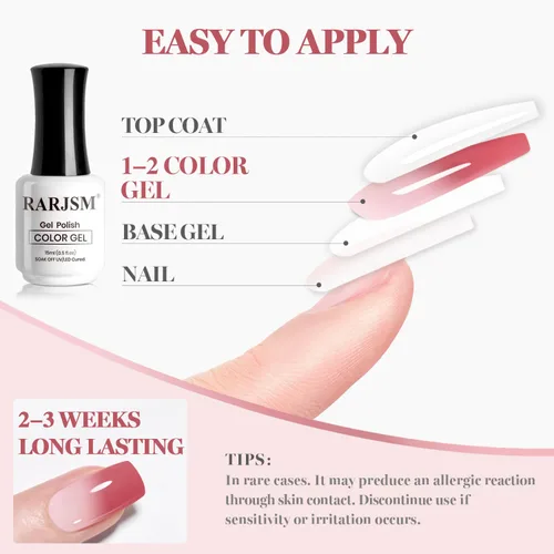 Miniatura 7 de RARJSM Esmalte de uñas en gel que cambia de color Nude Translucido Rosa a Rojo Berry, cambio de temperatura de estado de ánimo térmico, degradado