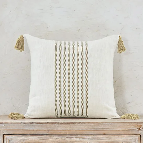 Miniatura 4 de IKATYARN Juego de 2 fundas de almohada de felpilla suave con borlas, 18 x 18 pulgadas, color beige y blanco roto bordados, funda de cojín moderna