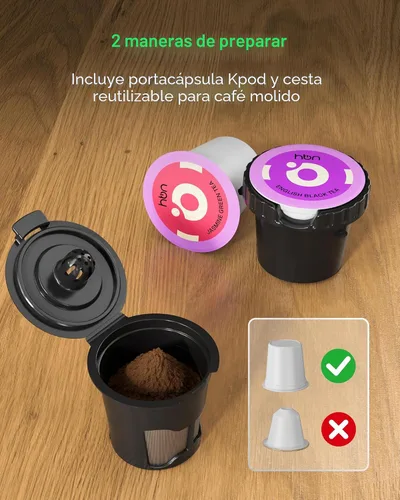Miniatura 3 de HBN Cafetera de una sola porción para K-Cup y café molido, máquina de café y té de preparación rápida de una taza con tanque de acero inoxidable