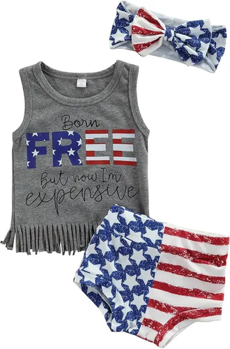 Traje para bebé niña del 4 de julio, ropa para el DÃa de los CaÃdos con borlas, camiseta con bandera