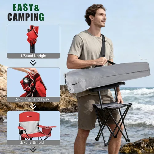 Miniatura 6 de Silla plegable portátil para exteriores con portavasos y bolsa enfriadora, malla transpirable, reposabrazos anchos, diseño ergonómico para 01-rojo