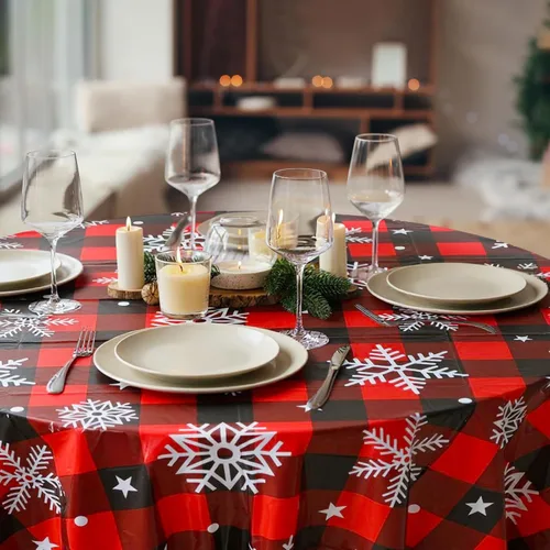 Miniatura 4 de Ganeen 12 manteles redondos de Navidad con diseño de copos de nieve de 84 pulgadas, mantel de plástico a cuadros rojos y negros, para fiesta