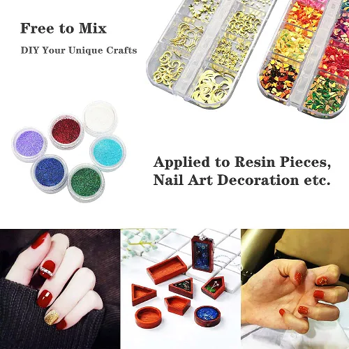 Miniatura 5 de Kit de inclusiones de resina UV para principiantes, suministros de fabricación de joyas con purpurina, copos de aluminio, flores secas, lentejuelas