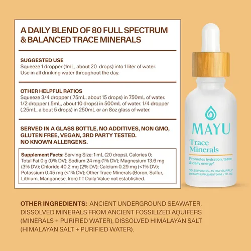 Miniatura 8 de MAYU Trace Mineral Drops - 3 botellas - 80+ minerales iónicos de espectro completo para agua - Suplemento mineral de gran sabor para hidratación