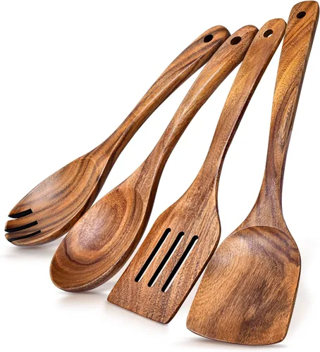 Miniatura 12 de Juego de 2 espátulas de madera, espátula turner sólida y ranurada de acacia, espátulas planas de freír con mango largo, regalo de cocina ideal