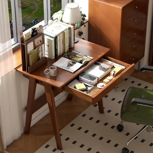 Miniatura 17 de Escritorio de madera maciza con acabado de nogal, escritorio pequeño para oficina en casa, escritorio de computadora para espacios pequeños