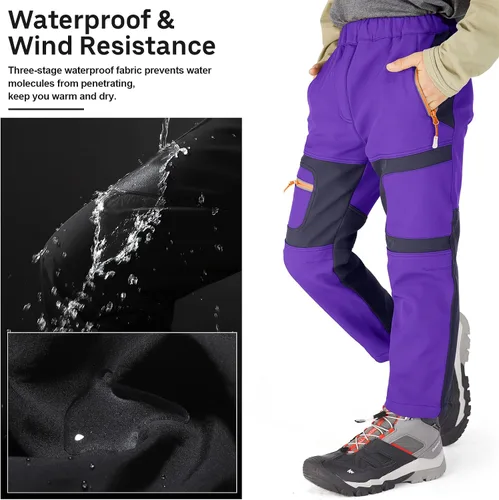 Miniatura 32 de linlon Pantalones impermeables para la nieve para niños y niños, forro polar lind para senderismo, softshell, cálidos, con aislamiento térmico