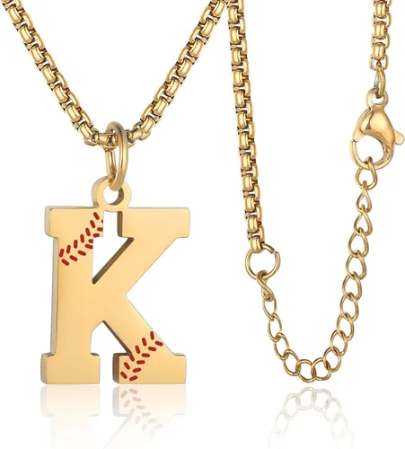 Susook Collar con inicial de béisbol para niños, dije de letra A-Z, cadena de acero inoxidable de 22 + 2 pulgadas, regalo de béisbol personalizado