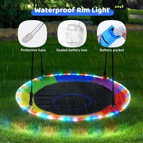 Miniatura 4 de Trekassy Columpio de árbol de platillo de 40 pulgadas para niños y adultos al aire libre con luces LED, 2 correas para colgar en el árbol, arcoíris