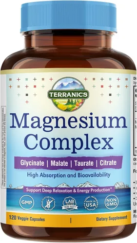 Terranics Complejo de magnesio de 500 mg, glicinato, malato, taurato, citrato, quelado, purificado y fácil de absorber suplemento de magnesio para