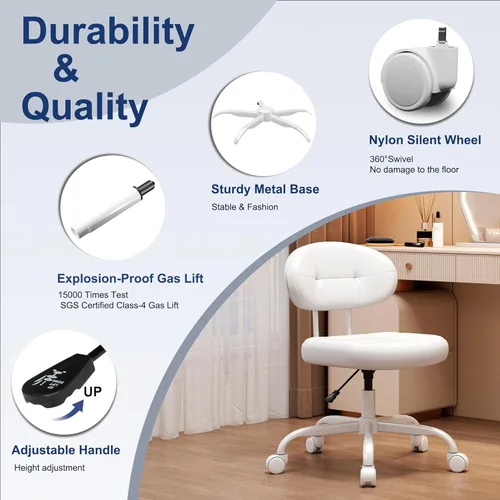 Miniatura 7 de Misolant Silla de tocador con respaldo, pequeña silla de oficina sin brazos con ruedas y soporte lumbar, cómodas sillas de escritorio de piel Blanco