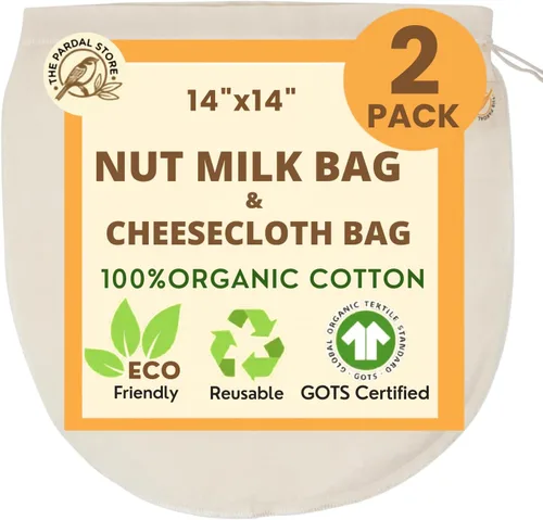 Bolsa XXL de leche de nuez de 14 x 14 pulgadas, 100% algodón orgánico sin blanquear, fácil de limpiar, bolsas de colador de leche de nuez/estopilla,
