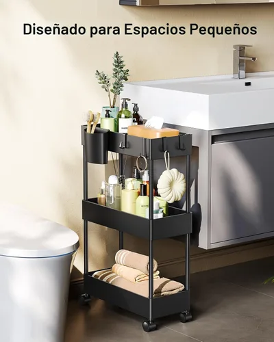 Miniatura 4 de Pipishell Carrito de almacenamiento delgado con ruedas, organizador de baño de 3 niveles y carrito de almacenamiento, carritos rodantes para baño