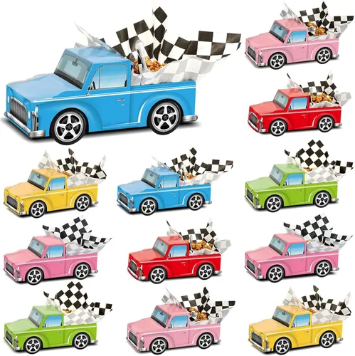 24 cajas de comida clásicas para fiestas de autos de carreras, suministros para fiestas de cumpleaños, camiones para niños, caja de alimentos con