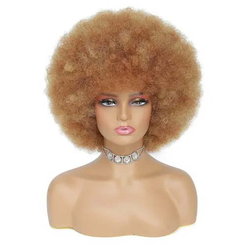 Miniatura 13 de Peluca rizada afro de los años 70 para mujer, marrón oscuro, fibras sintéticas, suave, flexible, sin desprendimiento, correas ajustables Marrón/Negro