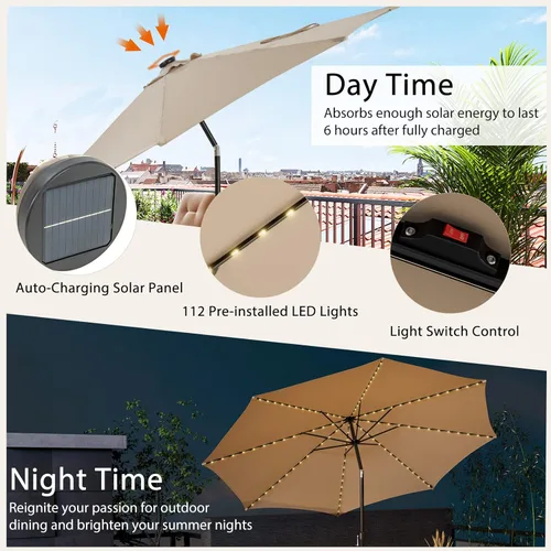 Miniatura 3 de Giantex Sombrilla de patio de 10 pies con 112 luces solares de lluvia de meteoritos, sombrilla de mercado para mesa al aire libre con 8 varillas