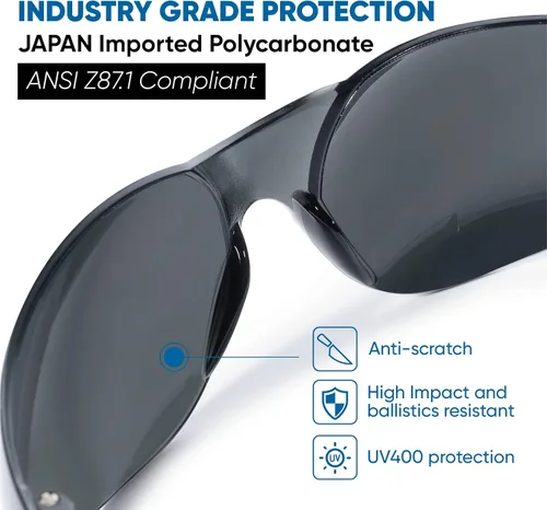 Miniatura 3 de amoolo Gafas de seguridad teñidas a granel de 24, gafas de sol protectoras, lentes de humo oscuro para protección UV, protección ocular resistente a