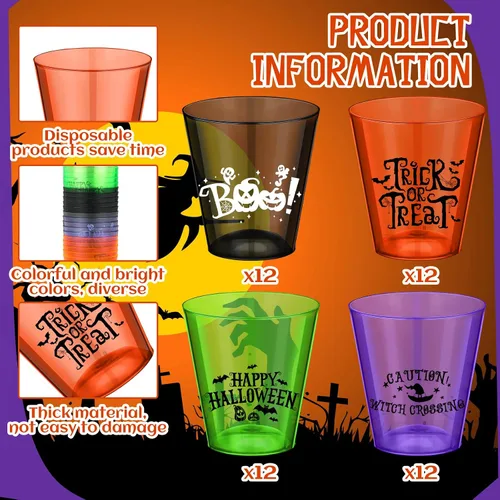 Miniatura 2 de Sunnyray 48 vasos de chupito de plástico para Halloween a granel de 2 onzas de plástico duro transparente, vasos desechables coloridos de sabor