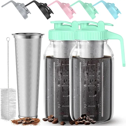 Miniatura 9 de Paquete de 2 tarros de café frío de 64 onzas, máquina de café frío de vidrio grueso con asa, filtro de acero inoxidable y tapa a prueba de fugas