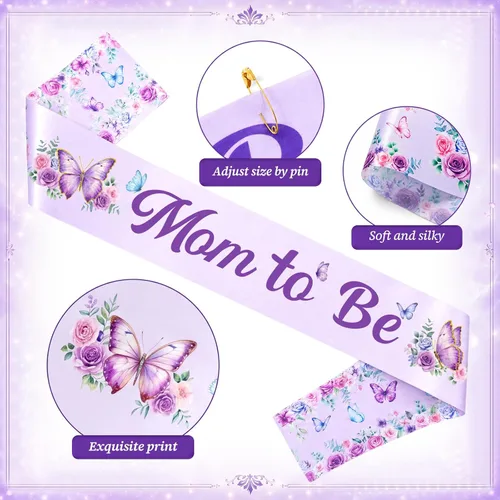 Miniatura 4 de Chunful Butterfly Theme Mom to Be Sash Baby Shower Dad to Be Pin and Flower Crown Headband for Gender Reveals Party Baby Shower Party Favors for