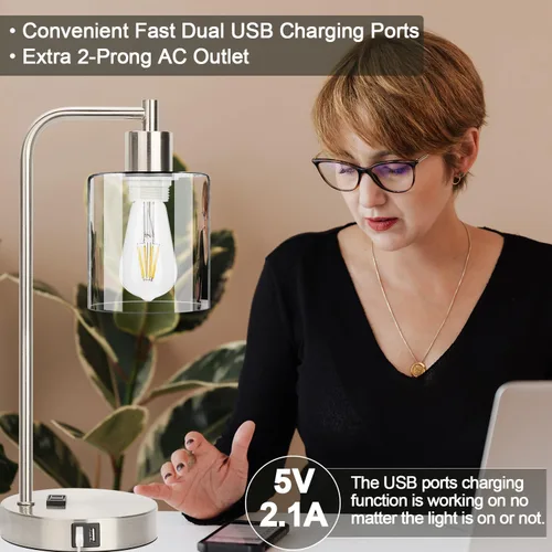Miniatura 3 de Juego de 2 lámparas de mesa con control táctil industrial - Lámparas de mesita de noche en níquel cepillado con 2 puertos USB y enchufe de CA