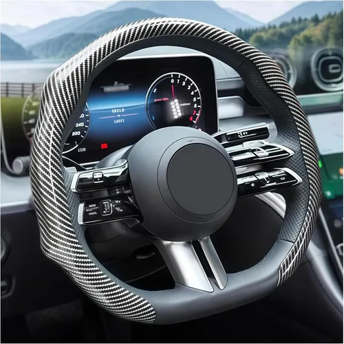 Miniatura 8 de Zpana Funda de fibra de carbono para volante de automóvil, funda de cuero antideslizante para volante de vehículo de 14.5-15 pulgadas, cómodo