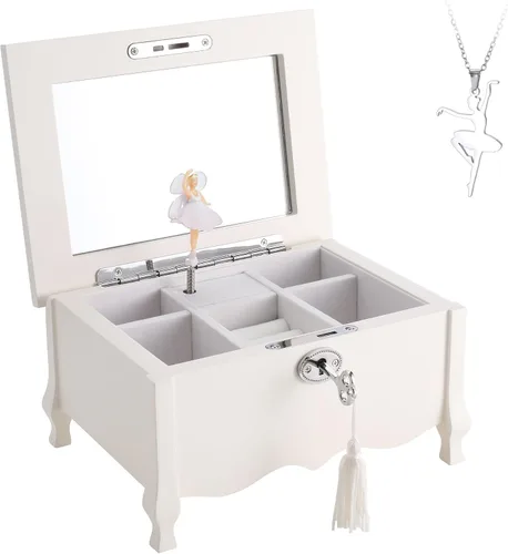 Miniatura 2 de Joyero musical de bailarina grande con patas blancas con espejo y cerradura para niñas, organizador de joyas para niños, caja musical