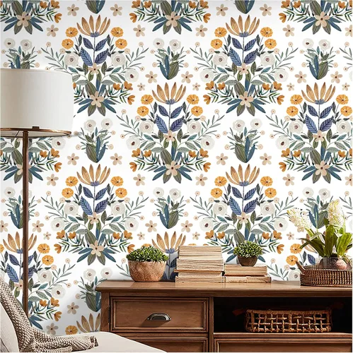 Miniatura 9 de Floralplus Papel tapiz autoadhesivo bohemio extraíble para baño, papel tapiz floral oscuro, papel de contacto floral con hojas adhesivas para Azul