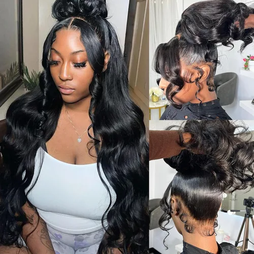 Miniatura 14 de Pelucas de encaje frontal de onda corporal 360 de cabello humano para mujeres, sin pegamento, previamente despuntadas con pelillos, 180 % de Peluca