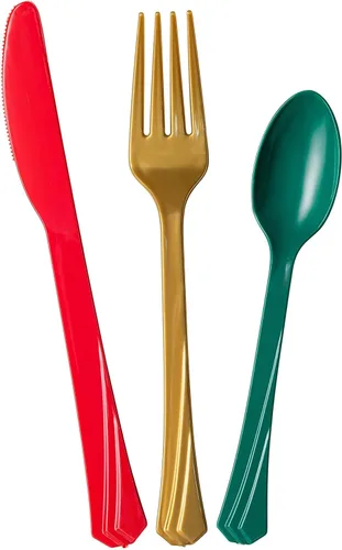 Miniatura 2 de Cubiertos de plástico pesados, cubiertos desechables rojo/verde/dorado, 240 piezas, 80 de cada tenedor, cuchillos, cucharas