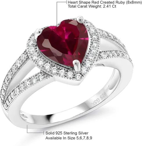 Miniatura 5 de Gem Stone King Anillo de plata de ley 925 con rubí creado rojo y moissanita creada para mujer