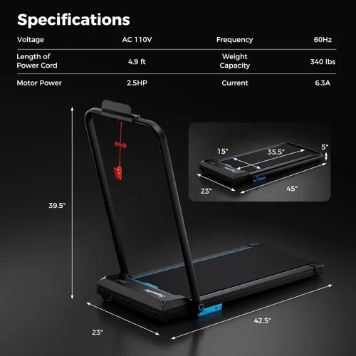 Miniatura 9 de Goplus 2 in 1 Folding Treadmill, 2.5HP 340 LBS Capacity Walking Pad with Handle Bar, Under Desk Treadmill with Remote Control, LED Display and APP
