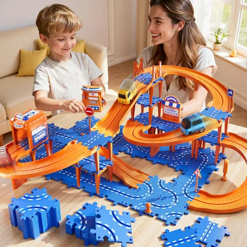 Miniatura 4 de NIPLOOOW Juego de pistas de autos de carreras de rompecabezas para niños de 3 a 5 años, juego de autos de pista de rompecabezas de piso, juguetes