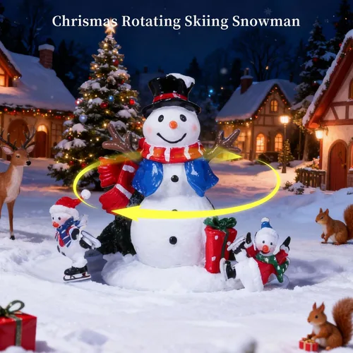 Miniatura 7 de Figuras musicales animadas de pueblo navideño de 6.3 pulgadas con muñeco de nieve giratorio de esquí y luces, temporizador automático de 6 horas