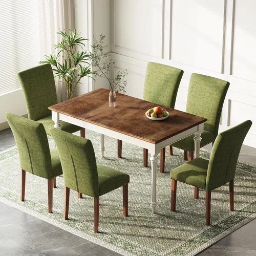 Miniatura 25 de Juego de 2 sillas de comedor de granja, respaldo alto con patas de madera y ribete de cabeza de clavo, silla de comedor de tela moderna