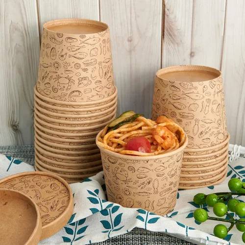 Miniatura 4 de LITOPAK Paquete de 50 recipientes de papel de 12 onzas con tapas ventiladas, vasos de papel kraft para alimentos, recipientes de sopa con tapas
