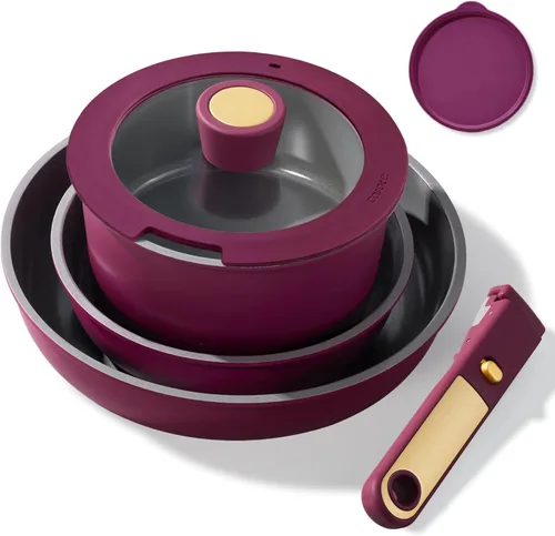 Miniatura 10 de CAROTE Juego de ollas y sartenes de cerámica antiadherentes, juegos de utensilios de cocina antiadherentes con tapa, juego de sartenes con asa