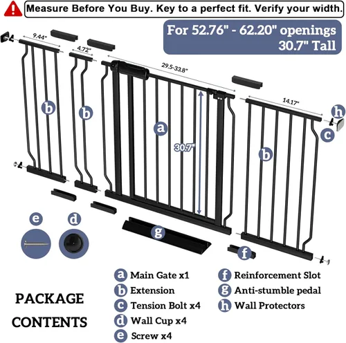 Miniatura 2 de Puertas de bebé extra anchas para puertas 52.76"-62.20" Puerta de bebé extra ancha Puerta para perros Montada a presión Sin perforación con paso