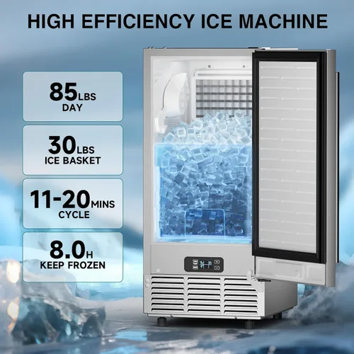 Miniatura 4 de Máquina de hielo comercial bajo mostrador de 15" de ancho, 85 libras/día con contenedor de almacenamiento de 30 libras, máquina de hielo empotrable