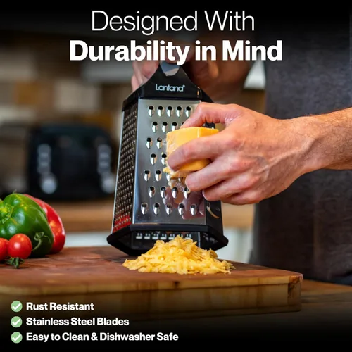 Miniatura 5 de Lantana Rallador de Queso para Cocina con Envase y Tapa - Triturador de Alimentos de Acero Inoxidable de Mano con Asa y 6 Funciones Esenciales