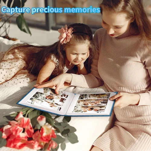 Miniatura 7 de Álbum de fotos Artfeel 4x6 con 600 bolsillos, álbumes de fotos deslizables, libro de recuerdos con cubierta de lino y ventana frontal, libro de Azul