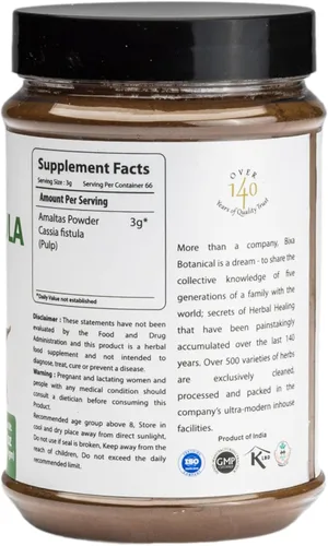 Miniatura 2 de bixa BOTANICAL Cassia Fístula en polvo (Amaltas) - Suplemento de hierbas ayurvédicas 7 onzas Sin gluten, sin OMG, tratado al vapor, vegano, 100%
