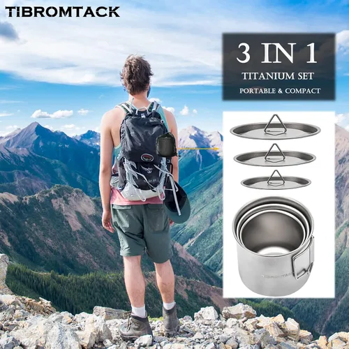Miniatura 3 de Juego de 3 tazas de camping de titanio, 11.8 fl oz, 16.9 fl oz, 23.7 fl oz, ollas de café, utensilios de cocina con mango plegable para mochileros