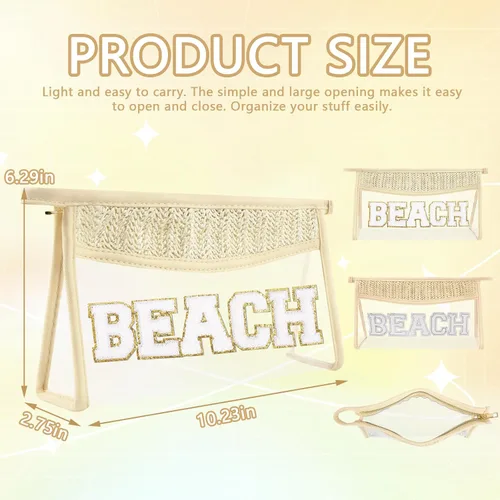 Miniatura 2 de Iqimott 2 bolsas de maquillaje con parches transparentes, bolsa de letras boho para nadar en la playa, bolsas de maquillaje impermeables