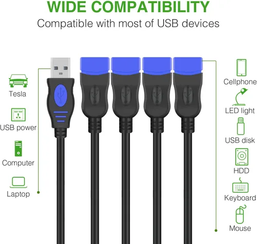 Miniatura 4 de ANDTOBO Divisor USB 1 a 4, USB 2.0 Y Splitter Cable de carga USB 1 macho a 4 hembra, cable de alimentación de extensión