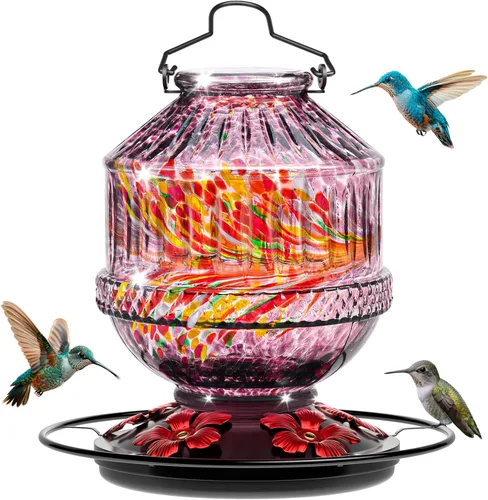 Miniatura 9 de Comederos de vidrio soplado para colibríes para exteriores, comedero de néctar para pájaros silvestres de 25 onzas con percha y 5 puertos