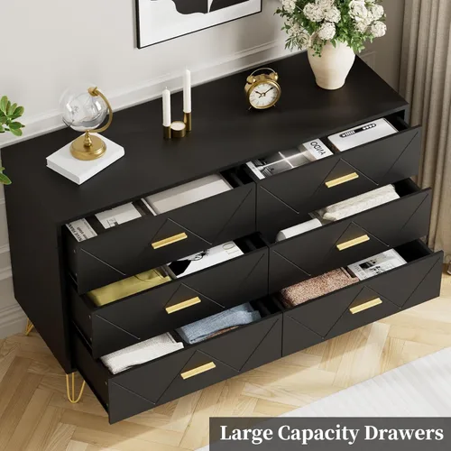 Miniatura 5 de JOZZBY Cómoda para dormitorio, cómoda de madera negra de 6 cajones con asas doradas, cómodas de almacenamiento modernas y cómodas para pasillo